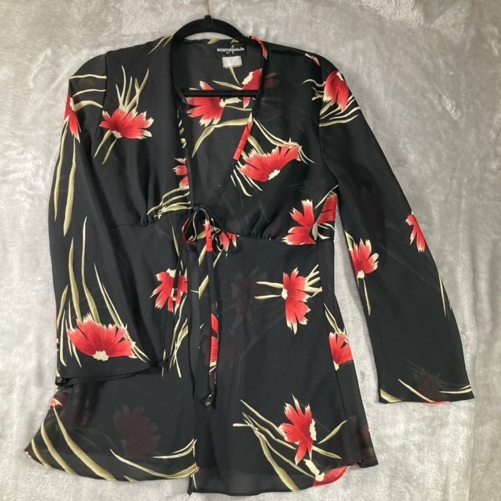 Positive Attitude Womens Sheer Black Red Floral Front Tie Blouse Top Size M